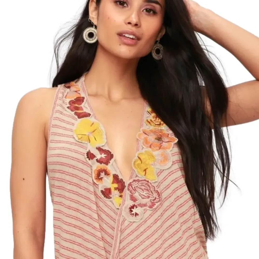 Free People Striped Surplice Tank Floral Appliqués
